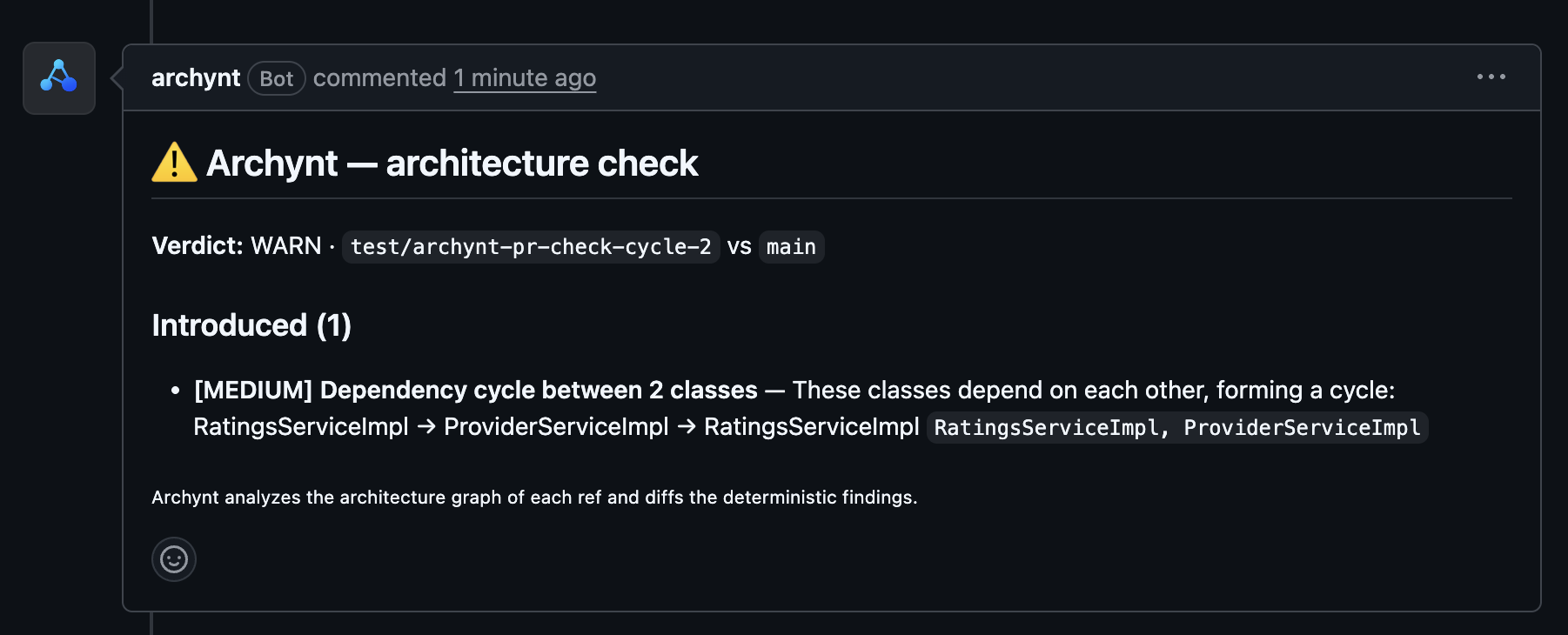 Archynt bot commenting the architecture check result on a GitHub pull request